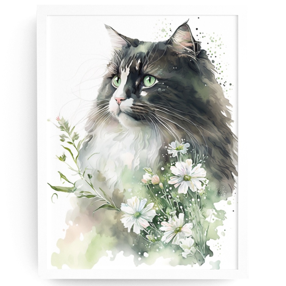 Cute Floral Tuxedo Cat Watercolor Wall Art Illustration Print Poster Unframed